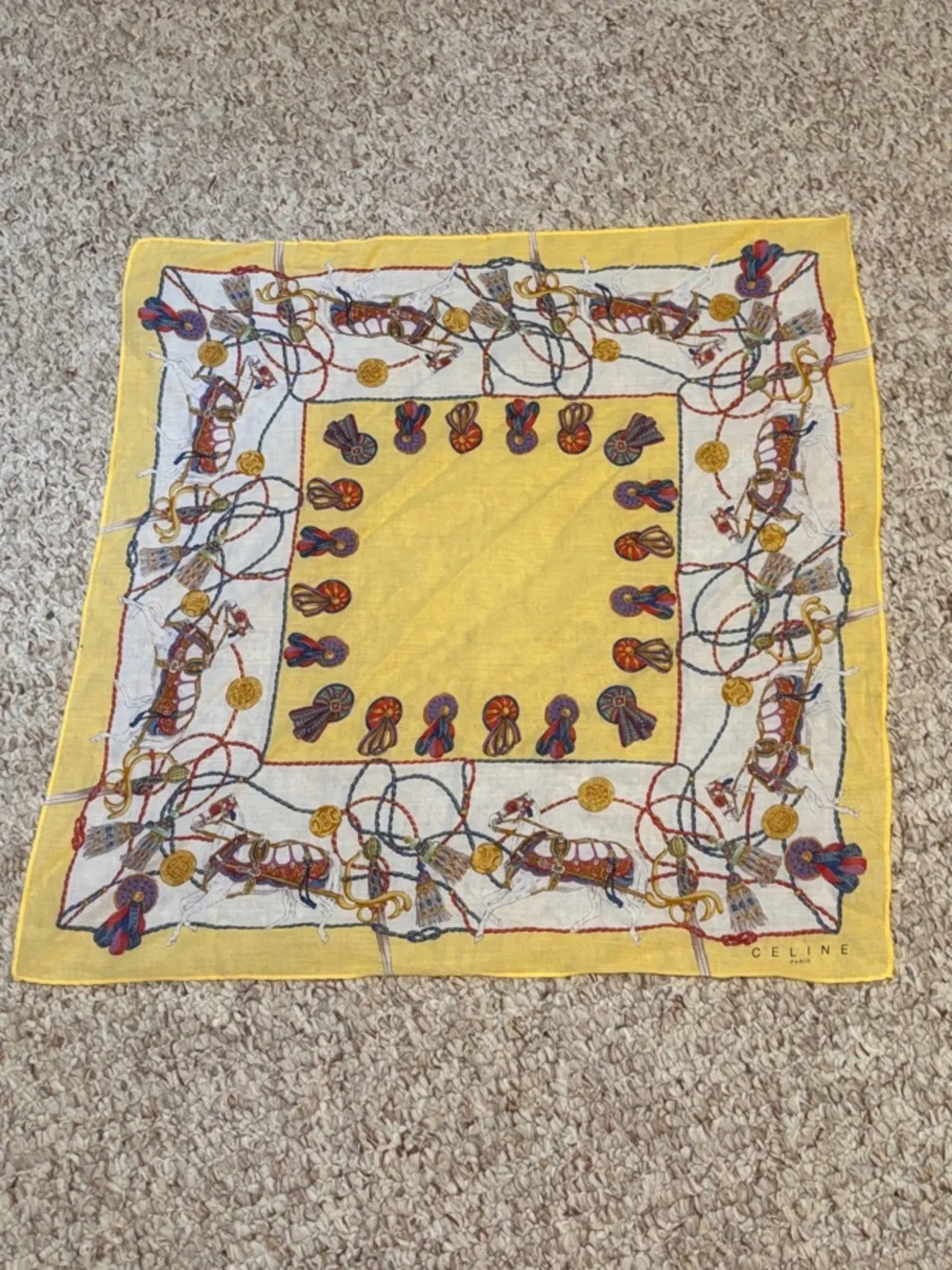 Celine Yellow White Equestrian Print Silk Scarf
